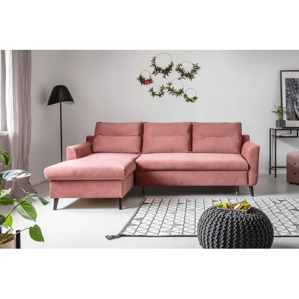 Divano letto angolare in velluto rosa, angolo sinistro Stylish Stan - Miuform-image-1