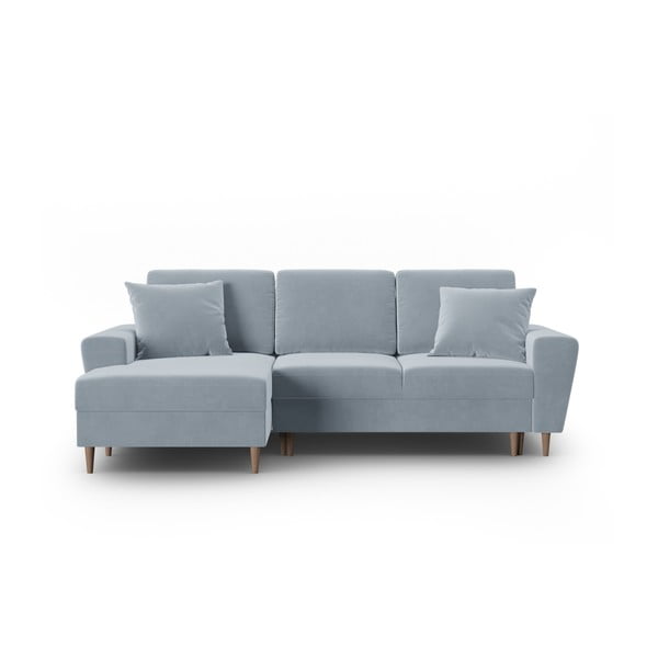 Divano angolare azzurro allungabile e con contenitore (con penisola a sinistra/con chaise lounge) con rivestimento in velluto Kyoto – Cosmopolitan Design