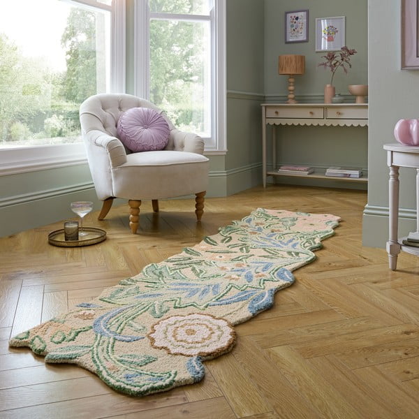 Passatoia verde in lana tessuta a mano 60x230 cm Bryony Shaped Floral - Flair Rugs-image-1