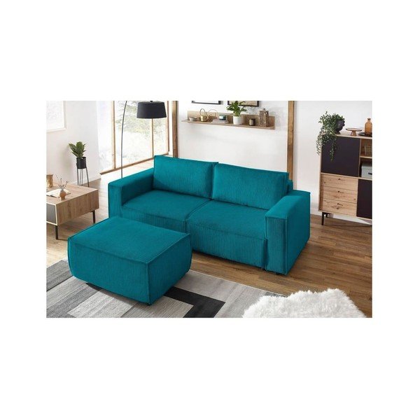 Poggiapiedi turchese con rivestimento in velluto a coste Nihad – Bobochic Paris-image-1