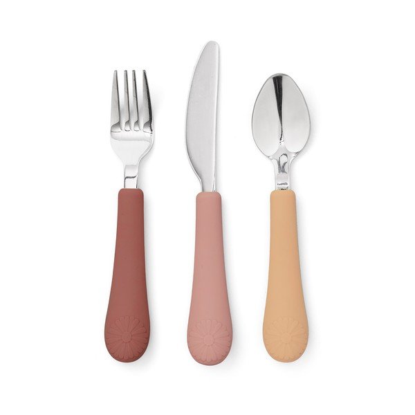 Posate per bambini rossa/color salmone in silicone 3 pz Rose Mix – Cam Cam Copenhagen