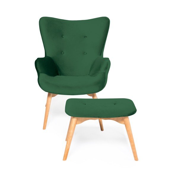 Poltrona e poggiapiedi verde smeraldo con base in colore naturale Cora Velvet - Vivonita-image-2