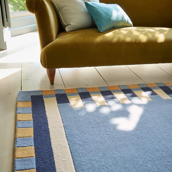 Tappeto blu in lana tessuto a mano 120x170 cm Kai Wool Border - Flair Rugs-image-2