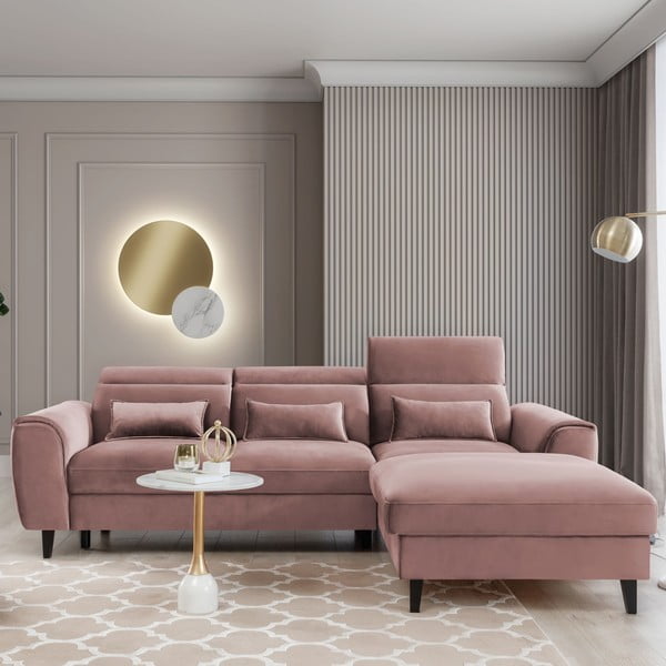 Divano angolare rosa allungabile/con contenitore (con penisola a destra/con chaise lounge) e rivestimento in velluto Foble – ELTAP-image-1