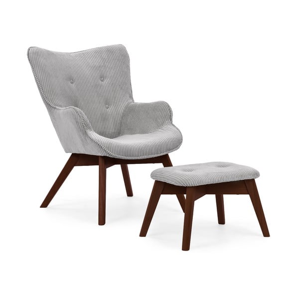 Poltrona con poggiapiedi grigia con rivestimento in velluto a coste Niko – Ropez