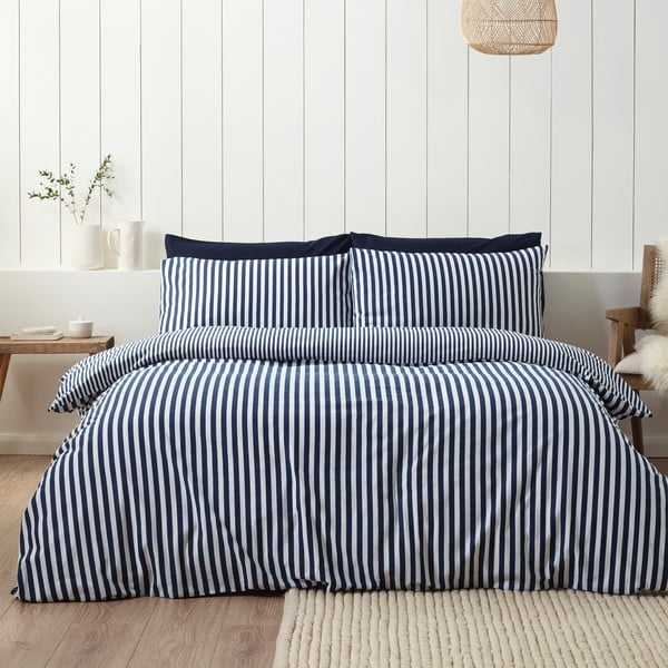 Set copripiumino e federa blu scuro in flanella per letto singolo 135x200 cm Stripe – Catherine Lansfield-image-1