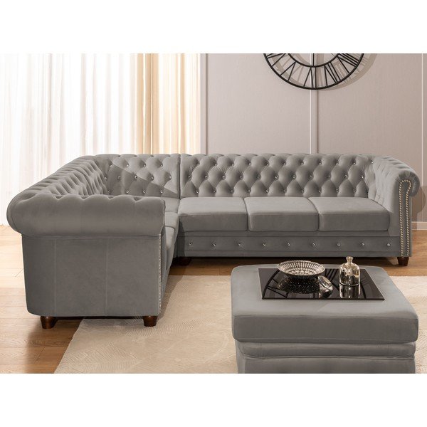 Divano angolare grigio allungabile (con penisola a sinistra/a L) con rivestimento in velluto York Blik – Ropez-image-4