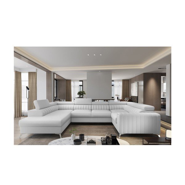 Divano angolare bianco allungabile/con contenitore (con penisola a sinistra/a U) e rivestimento in finta pelle Louis – ELTAP-image-1