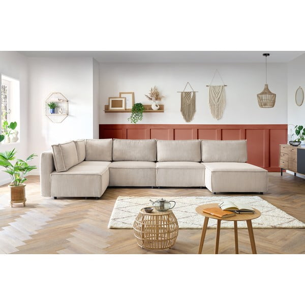 Divano a U angolare in velluto a coste variabile crema Nihad modular - Bobochic Paris-image-1