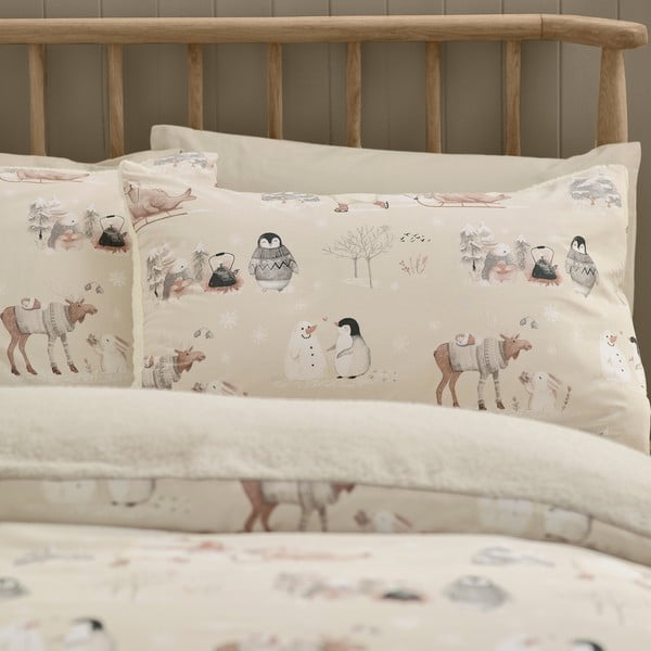 Set copripiumino e federa beige in micropile per letto singolo 135x200 cm Winter Friends – Catherine Lansfield-image-2