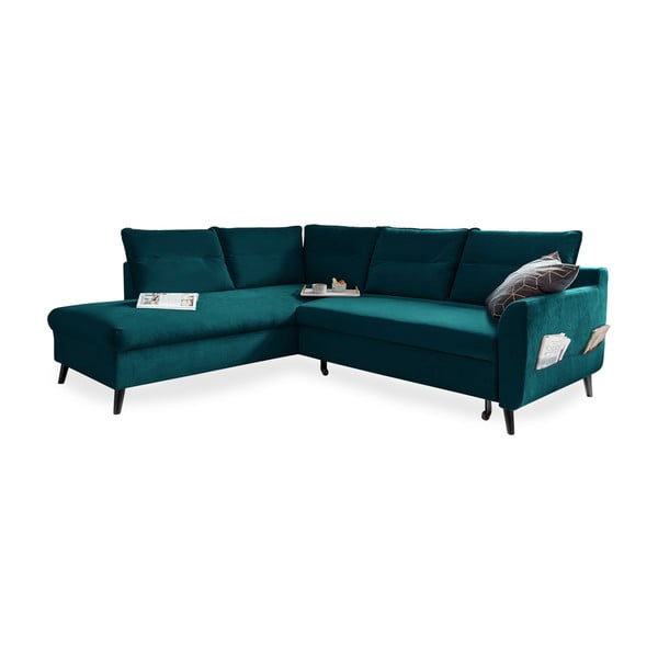 Divano letto angolare in velluto turchese L, angolo sinistro Stylish Stan - Miuform