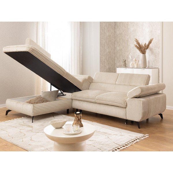 Divano angolare beige (con penisola a sinistra/a L) con rivestimento in velluto a coste Marbeya  – Ropez-image-4