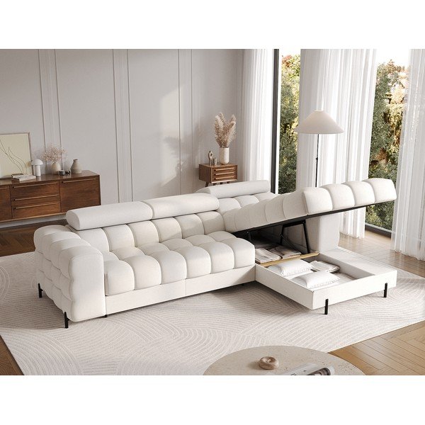 Divano angolare color crema allungabile/con contenitore (con penisola a destra/con chaise lounge) con rivestimento in bouclé Felro – ELTAP-image-3