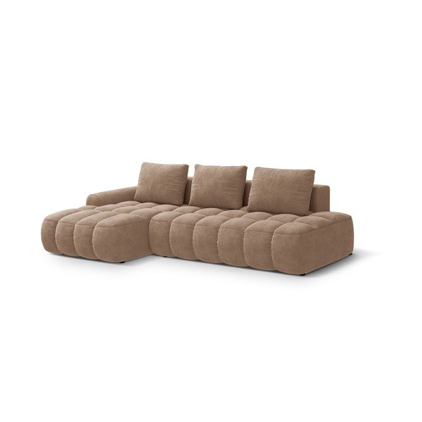 Divano angolare marrone chiaro allungabile/con contenitore (con penisola a sinistra/con chaise lounge) con rivestimento in velluto Linz – Cosmopolitan Design-image-2