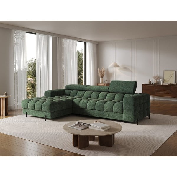 Divano angolare verde allungabile/con contenitore (con penisola a sinistra/con chaise lounge) con rivestimento in bouclé Felro – ELTAP-image-3