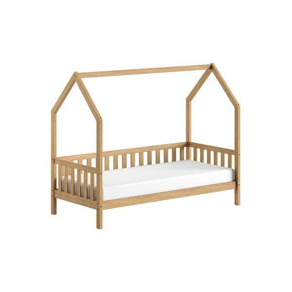Letto da bambini a forma di casa di colore naturale in rovere massiccio con rete inclusa 90x200 cm Cabane – Vipack