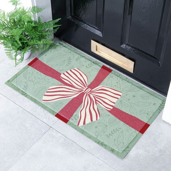 Zerbino in plastica riciclata a tema natalizio 40x70 cm Red & White Stripe Bow – Artsy Doormats-image-1