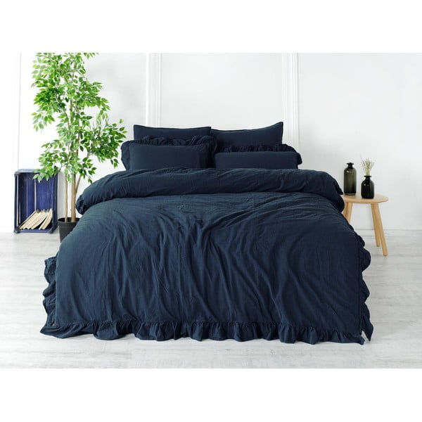 Set copripiumino e federa blu scuro in cotone renforcé per letto singolo 140x200 cm Ruffle Striped – Mila Home Luxury-image-1