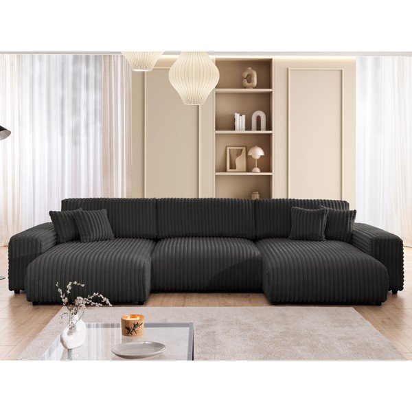 Divano angolare grigio scuro allungabile/con contenitore (a U) rivestito in velluto a coste Sarina – Ropez-image-1