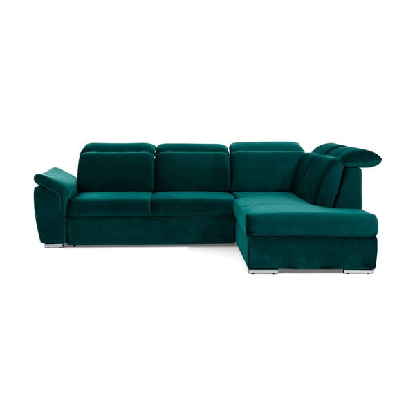 Divano angolare verde allungabile/con contenitore (con penisola a destra/a L) e rivestimento in velluto Loreto – ELTAP