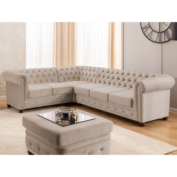 Divano angolare beige allungabile (con penisola a sinistra/a L) con rivestimento in velluto York Blik – Ropez-image-1