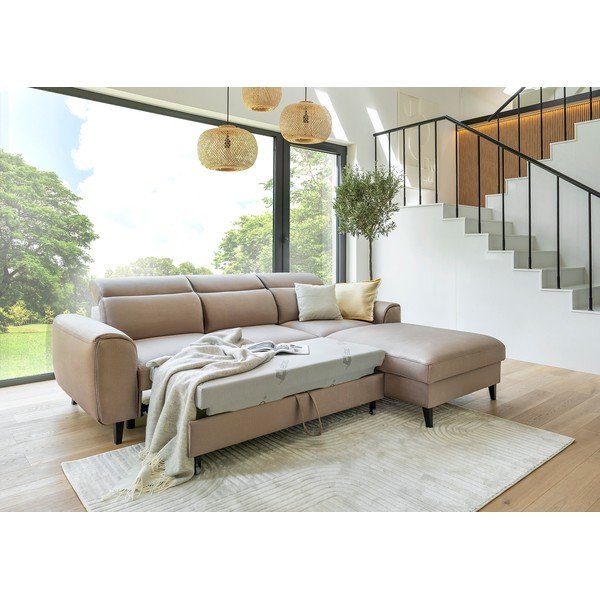 Divano angolare marrone chiaro allungabile/con contenitore (con penisola a destra/con chaise lounge) e rivestimento in velluto Foble – ELTAP-image-2