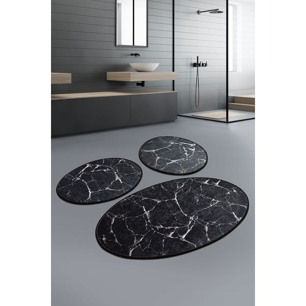 Set di 3 tappeti da bagno ovali neri Marmo - Foutastic