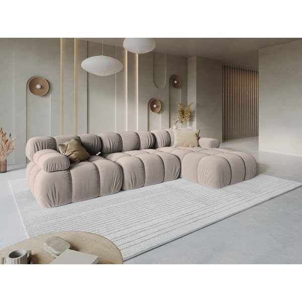Divano angolare componibile beige (con penisola a destra/con chaise lounge) con rivestimento in velluto – Micadoni -image-1