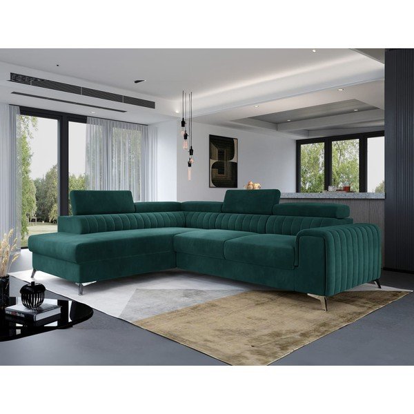 Divano angolare verde allungabile/con contenitore (con penisola a sinistra/a L) e rivestimento in velluto Laurence – ELTAP-image-1