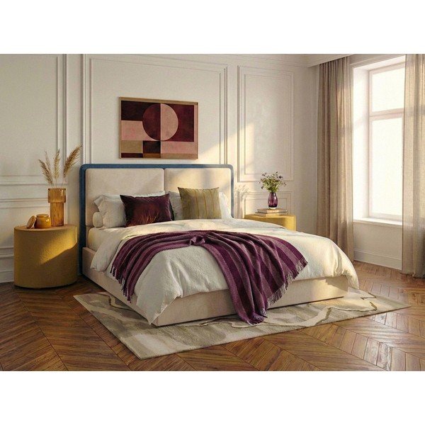 Letto matrimoniale blu/beige imbottito con contenitore con rete inclusa 180x200 cm Mara – Bobochic Paris-image-1