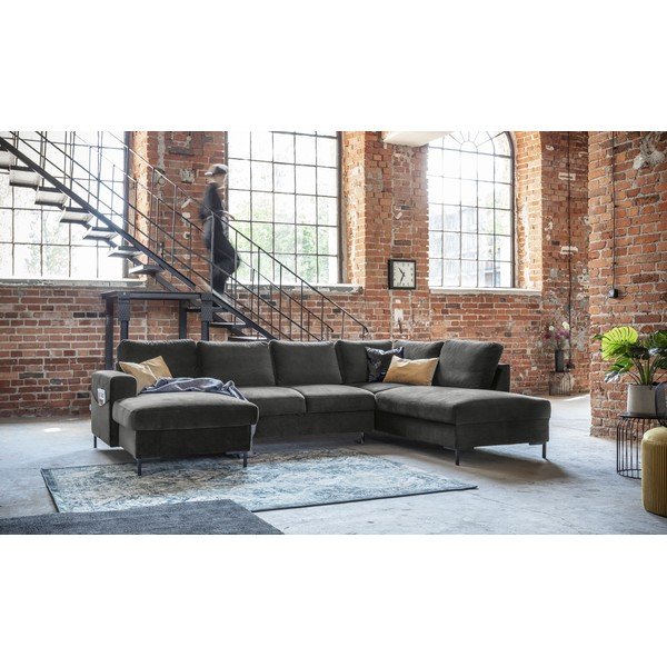 Divano letto a U in velluto grigio scuro, angolo destro Lofty Lilly - Miuform-image-4