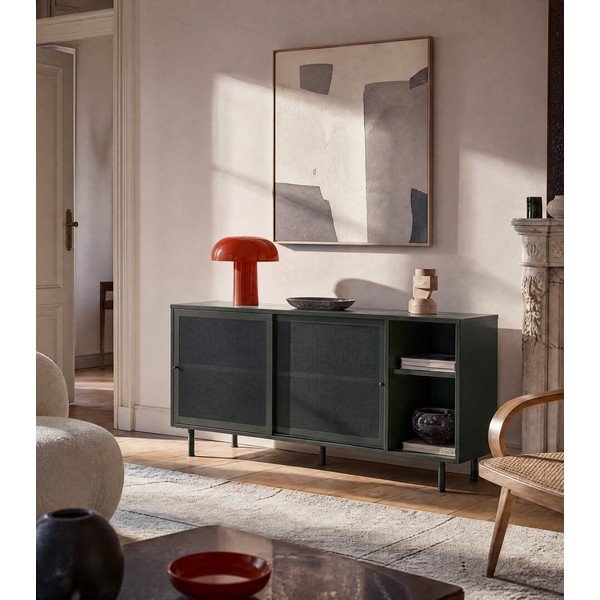 Cassettiera bassa in metallo verde scuro con ante scorrevoli 160x75 cm Veep - Unique Furniture-image-1