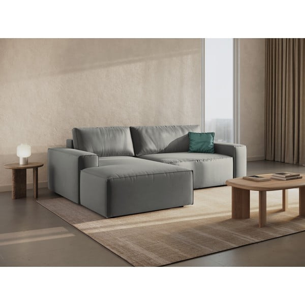 Divano angolare grigio chiaro allungabile/con contenitore (con penisola a sinistra/con chaise lounge) con rivestimento in velluto Jodie – Micadoni -image-1
