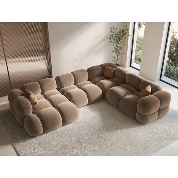 Divano angolare marrone (con penisola a destra/a U) con rivestimento in velluto Loretto – Cosmopolitan Design-image-1