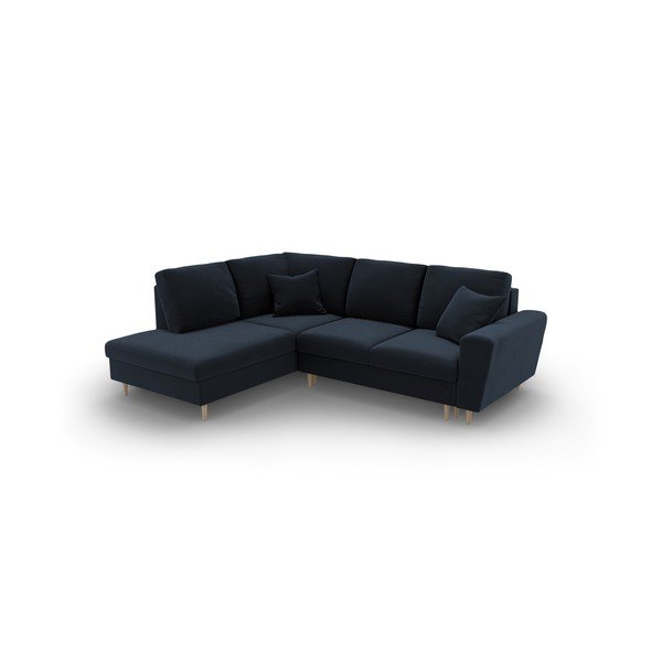 Divano angolare blu scuro allungabile e con contenitore (con penisola a sinistra/a L) con rivestimento in velluto Kyoto – Cosmopolitan Design-image-1