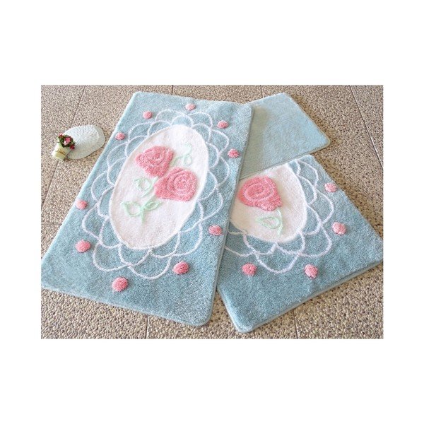Set di tre tappeti da bagno blu con motivo di rose Knit Knot - Foutastic