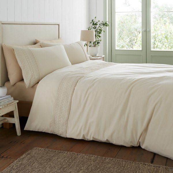 Set copripiumino e federa color crema per letto singolo 135x200 cm Broderie Anglaise – Catherine Lansfield-image-1