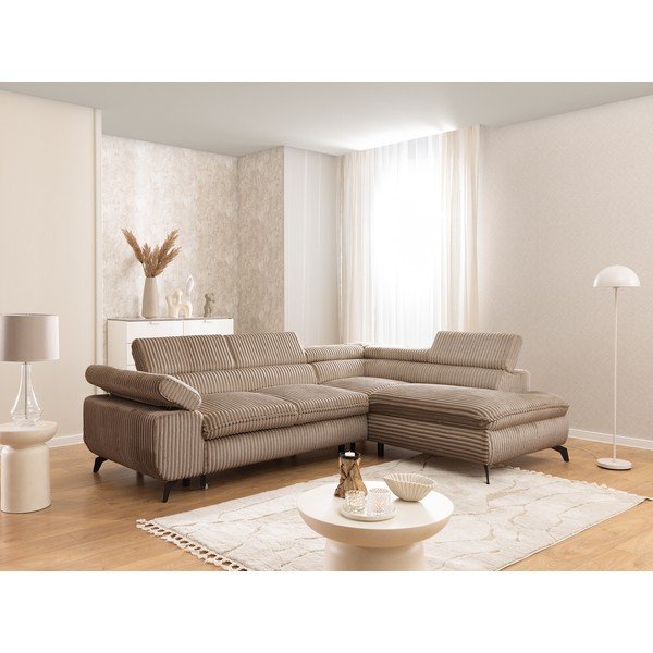 Divano angolare marrone (con penisola a destra/a L) con rivestimento in velluto a coste Marbeya  – Ropez-image-1