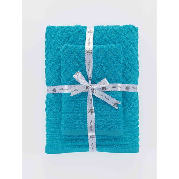 Set di asciugamani per viso e corpo tipo terry blu in cotone 2 pz Diamond – Mila Home-image-3