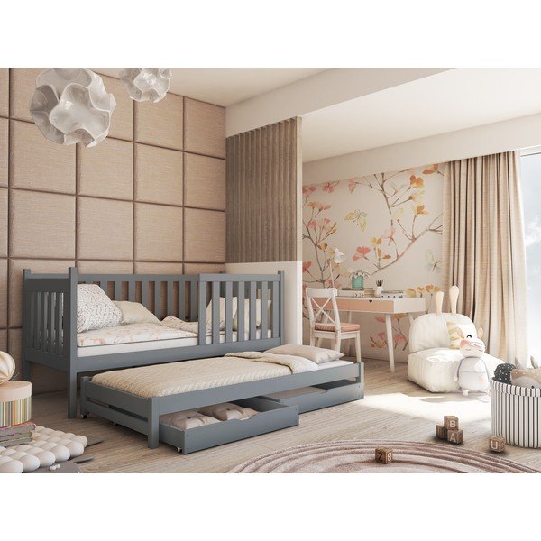 Letto per bambini in legno di pino grigio con letto estraibile e contenitore 90x190 cm Kaja V5 - Lano Meble-image-1
