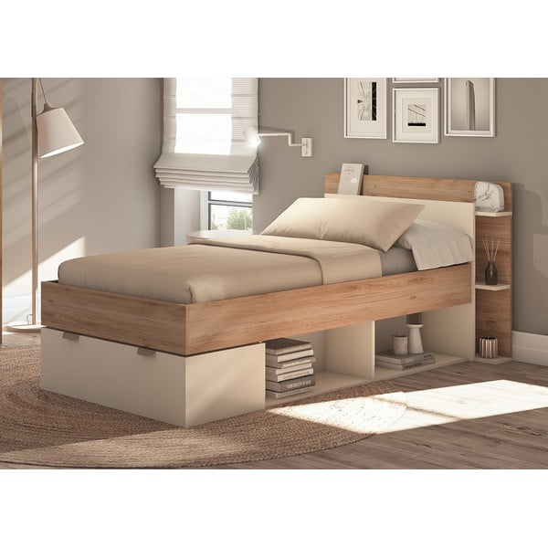 Letto singolo effetto rovere con contenitore senza griglia in colore bianco-naturale 90x200 cm Albo - Marckeric-image-1