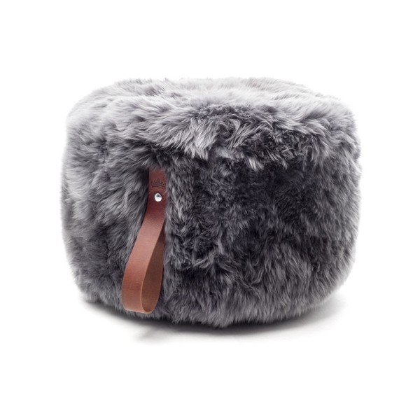 Pouf in pelle di pecora grigia con passante marrone, Ø 60 cm - Royal Dream