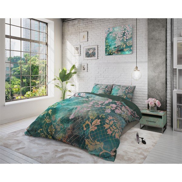Biancheria da letto matrimoniale in cotone verde Tiran Flower, 240 x 200 cm - Pure Cotton-image-1