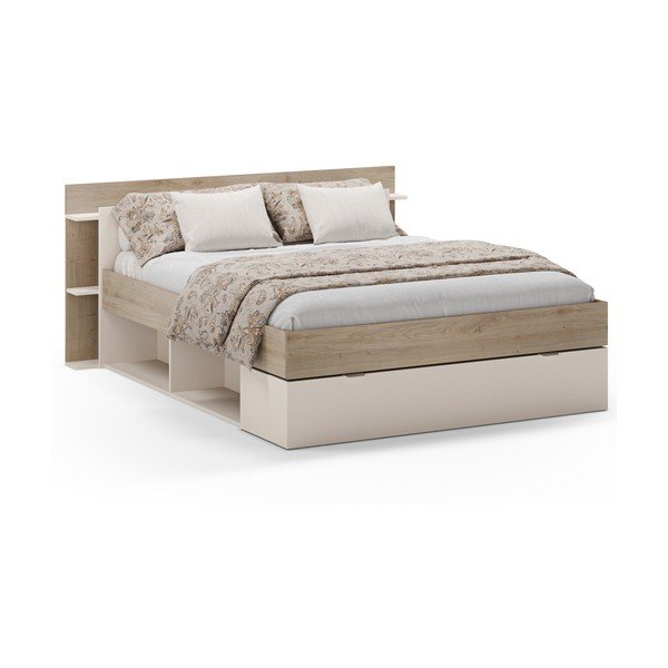 Letto matrimoniale effetto rovere con contenitore senza griglia in colore bianco e naturale 160x200 cm Albo - Marckeric