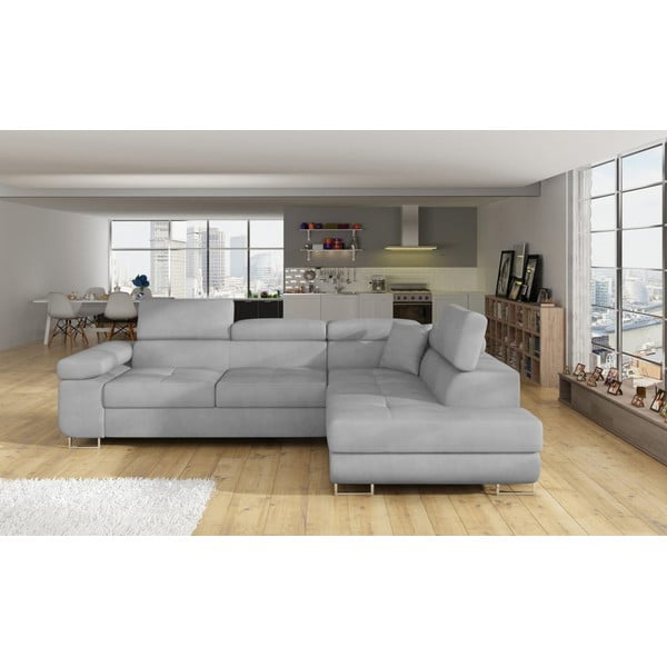 Divano angolare grigio chiaro allungabile/con contenitore (con penisola a destra/a L) e rivestimento in velluto Anton – ELTAP-image-1