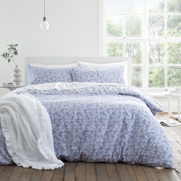 Set copripiumino e federa blu in percalle di cotone per letto matrimoniale/per letto esteso 3 pezzi 230x220 cm Shadow Leaves – Bianca-image-4