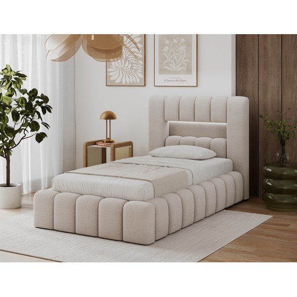 Letto singolo imbottito beige con contenitore con rete inclusa 90x200 cm Lamica – ELTAP-image-1