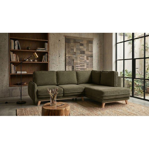 Divano angolare verde allungabile (con penisola a destra) con rivestimento in velluto a coste Tori – Bonami Selection-image-1