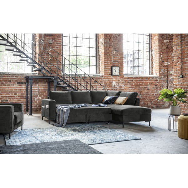 Divano letto angolare in velluto grigio scuro (angolo destro) Lofty Lilly - Miuform-image-1