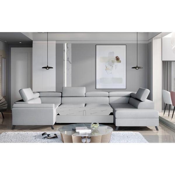 Divano angolare grigio chiaro allungabile/con contenitore (con penisola a destra/a U) e rivestimento in velluto Escada – ELTAP-image-2